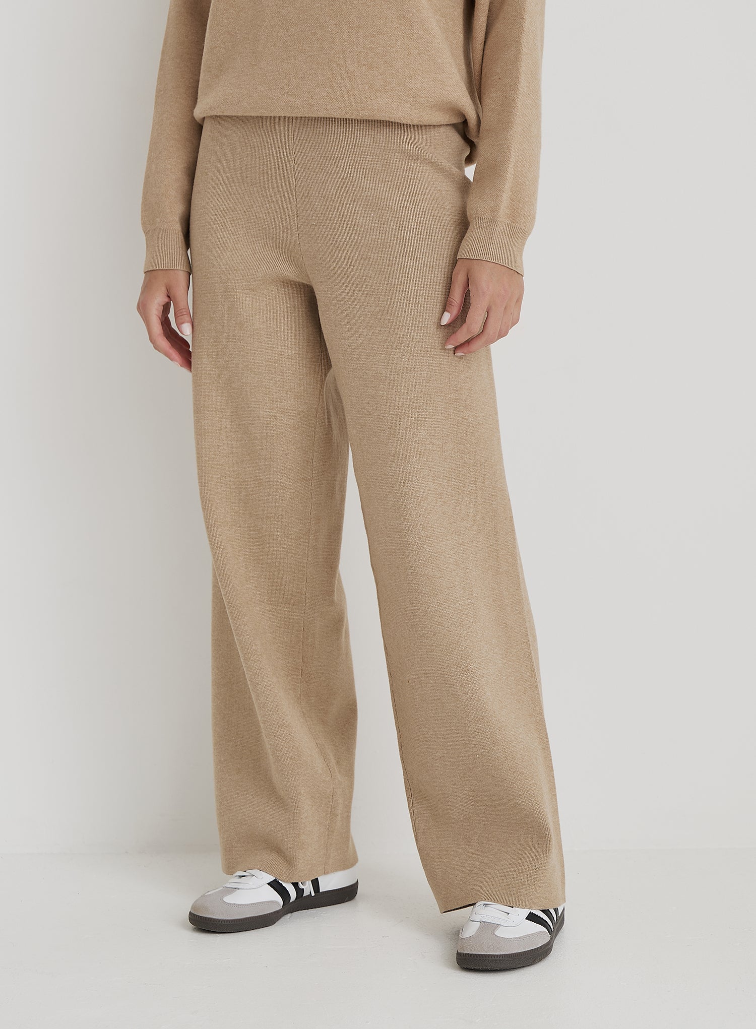 Beige Knitted Wide Leg Trouser